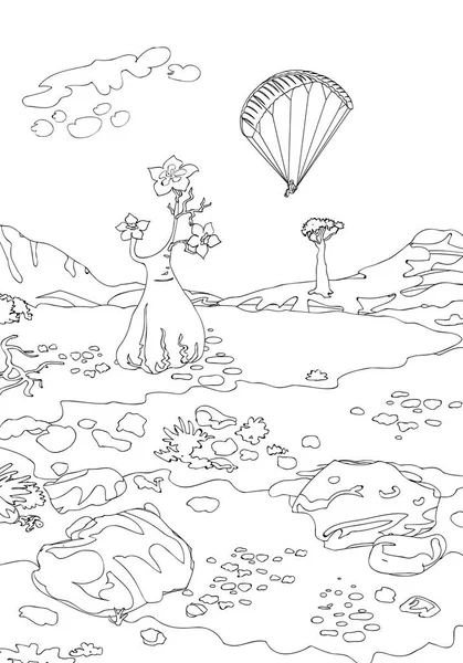 Dibujo a mano ornamental paisaje árboles y piedras, viajes parapente sueños , — Vector de stock