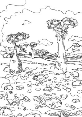 Hand drawing ornamental landscape trees and stones clipart