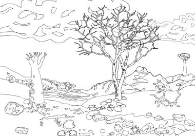 Hand drawing ornamental landscape trees and stones, travel, dreams,vintage, engraving for color page. clipart
