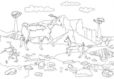 The goat and the goat on a background of mountains of Socotra island. Outline vector pages for adults coloring clipart