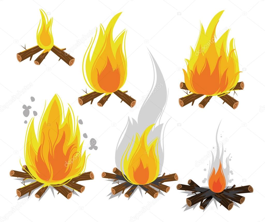 Set of cartoon Bonfires on white background. Camping fire evolution. vector illustration