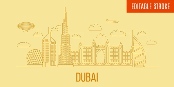 Дубай Сити. Vector line art style panoramic Dubai. Здания настраиваемые и разделенные . — стоковый вектор