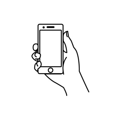 Web ve tasarım için basit vektör simge satırları. İnsan eli telefon tutar.