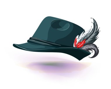 Beyaz tüy ile şapka yapışır. Beyaz arka plan üzerinde izole Ulusal Alman şapka. Vektör illustraion. Maskeli balo veya karnaval kılık headdress