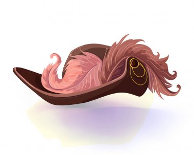 Beyaz arka plan üzerinde izole tüy ile vintage şapka silahşör veya korsan. Vektör çizim. Maskeli balo veya karnaval kılık headdress