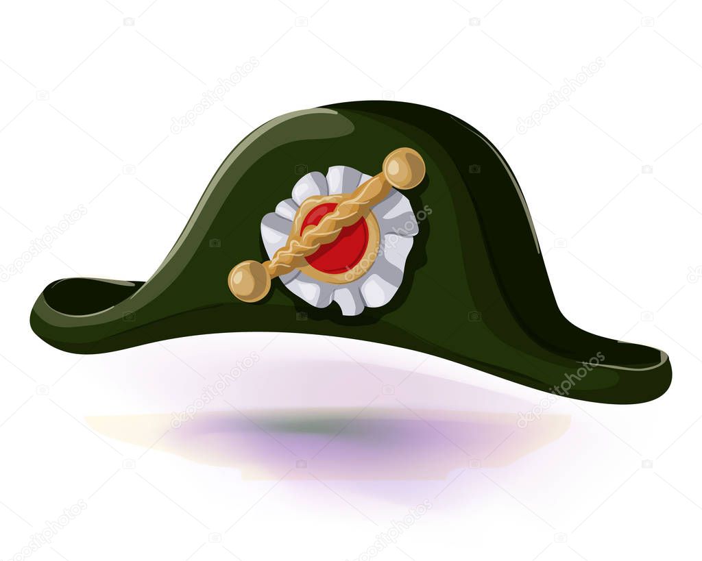 Black Napoleon Bonaparte hat with pattern in center. Black tricorn hat vector illustration .Masquerade or carnival costume headdress