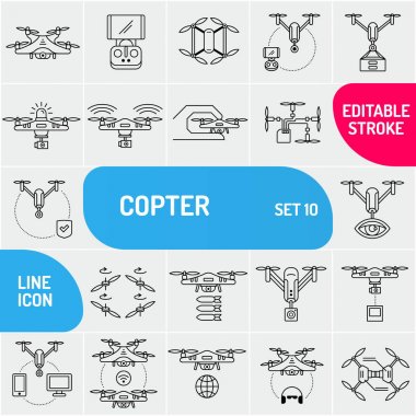 Uçan helikopter satır simgeler. Evrensel dron simgeler kümesi. Web ve mobil uygulamalar için kullanabilirsiniz. Vektör çizim.