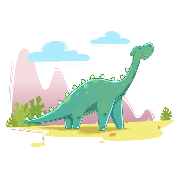 Lindo dinosaurio en el fondo de la naturaleza. Ilustración vectorial en estilo de dibujos animados . — Vector de stock