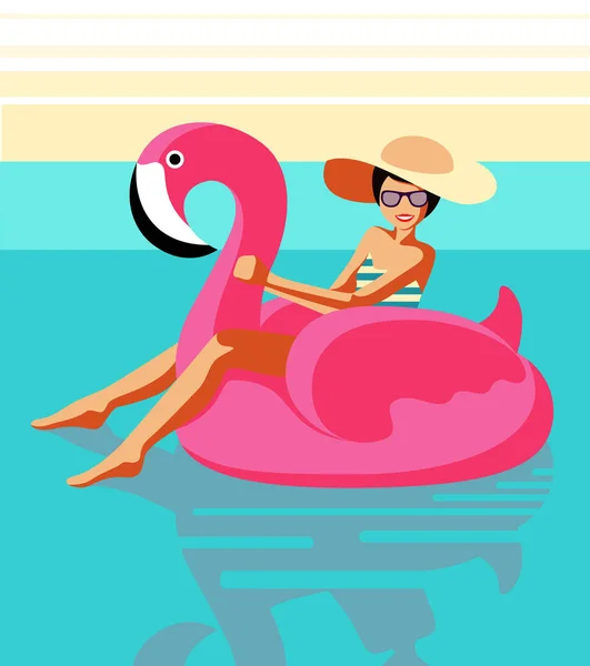Счастливая улыбающаяся девушка в купальнике, очках и шляпе сидит на надувном розовом фламинго в бассейне. Стиль ретро. Поп-арт Летняя концепция. Векторная иллюстрация . — стоковый вектор