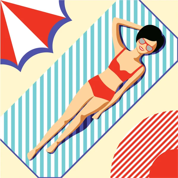 Kırmızı mayo ve gözlük, güzel genç kız bir şemsiye altında mavi çizgili bir halı üzerinde Sahilde güneşlenmek. Retro tarzı. Pop Art. Yaz dinlenme. Vektör çizim. — Stok Vektör