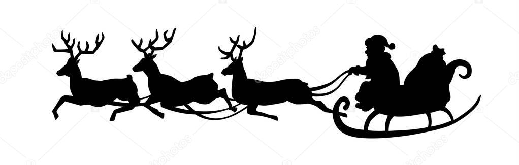 Le père Noël monte dans un traîneau avec un chariot de cerfs. Silhouette noire Santa isolé sur 