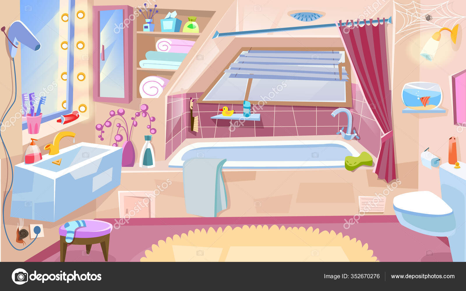 Cartoon Bathroom Bathroom Interior Bathtub Faucet Toilet Sink Mirror Vector Vector Image By C Anaittsmi Gmail Com Vector Stock 352670276