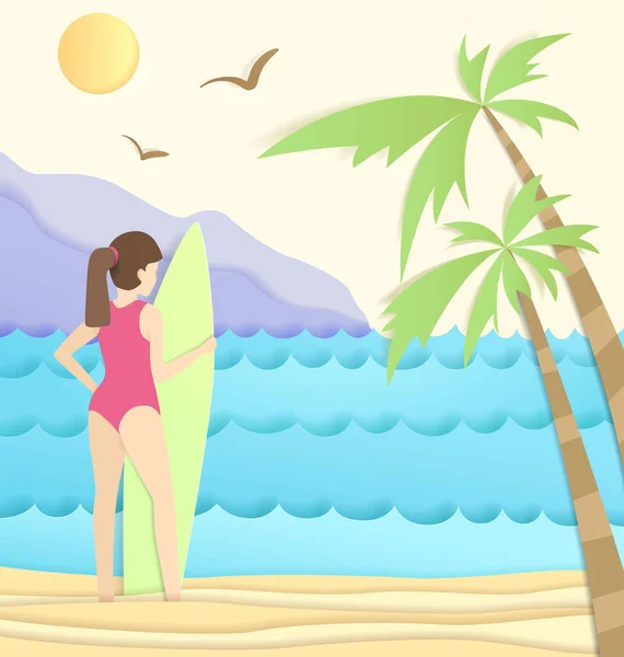 Sahildeki Kız Tropik Plajda Sörf Tahtası Olan Bir Kız Kağıt — Stok Vektör