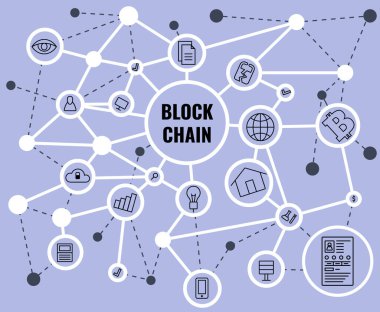 Blockchain ağ konsepti. Güvenli internet işlemleri için dağıtılmış bulut veritabanı. Kripto para birimi. Sanal parayı internet üzerinden transfer et. Vektör illüstrasyonu