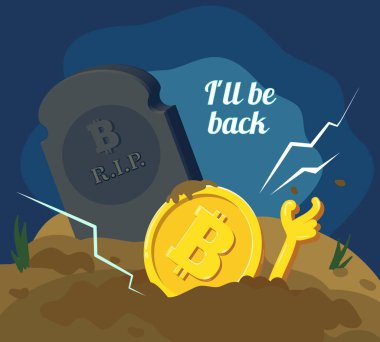 Vektör bozuk bitcoin. Engelleme zinciri ve kripto para birimi krizi. Şifreli para devalüasyonu. Bitcoin hayatı.