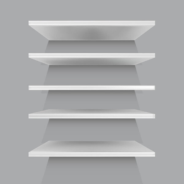 Realistic shop shelf. Empty white retail shelves. 3d store wall design. Vector ilustration.
