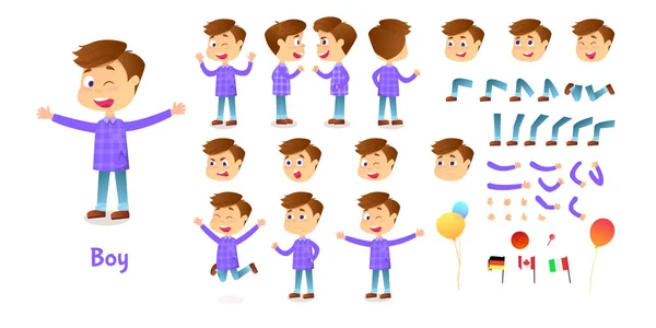 Jongen karakter constructeur. Cartoon jongen creatie mascotte kit. Personage creatie set poses en emoties voor animatie en illustraties — Stockvector