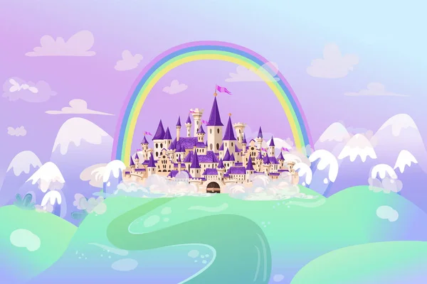 Schattig tekenfilmkasteel. Fairy middeleeuws kasteel in cartoon stijl. — Stockvector