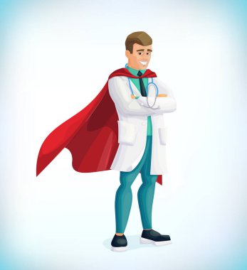 Süper doktor çizgi film karakteri. Kahraman pelerinli süper kahraman doktor. Sağlık hizmeti vektörü konsepti. Tıbbi konsept. İlk yardım. Sağlık çalışanları kovid19 'a karşı.