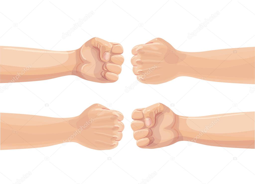 Two fists punching each other. Two clenched fists bumping. Conflict, protest, brotherhood or clash concept. Vector cartoon illustration.
