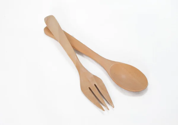 Spoon and fork wood isolated on white background — Stock Photo, Image