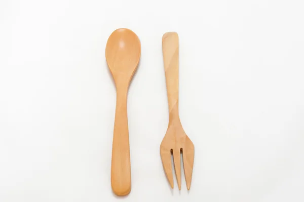 Spoon and fork wood isolated on white background — Stock Photo, Image