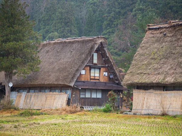 Villaggio tradizionale e storico giapponese Shirakawago, Giappone - 22 dicembre 2016: La vista del villaggio tradizionale giapponese Shirakawago nella stagione autunnale, La fattoria unica chiamata "Gassho" è eredità di mondo del Giappone — Foto Stock