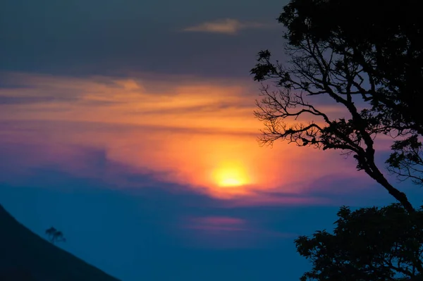 カラフルな空を背景に美しい夕日太陽と木のシルエット、山の夕日. — ストック写真