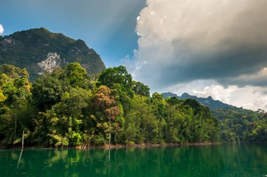 Güzel dağlar ve nehir Khao Sok Milli Parkı, Surat Thani Province, Güney Tayland doğal konumlar.