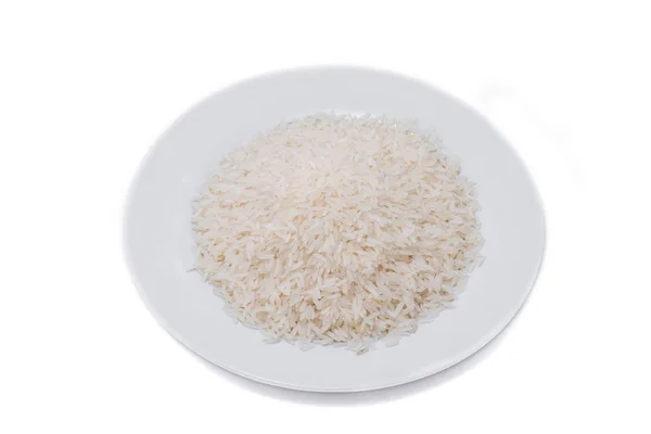 Arroz blanco, grano de arroz largo natural para fondo y textura sobre fondo blanco — Foto de Stock