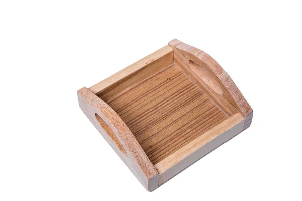 Bandeja de madeira, pequena bandeja de madeira vazia isolada no fundo branco. Caminho de recorte incluído . — Fotografia de Stock