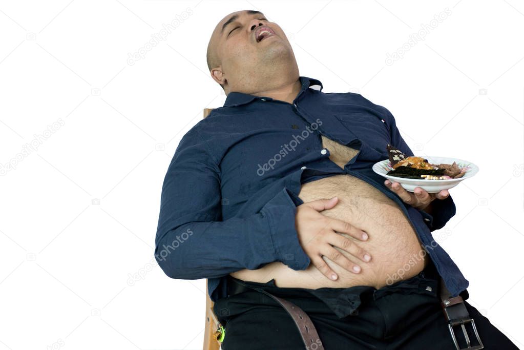 fat man eating, portrait of overweight person feels hungry and eating chips,cake,green tea frappe seated on armchai, isolated on white background with clipping path