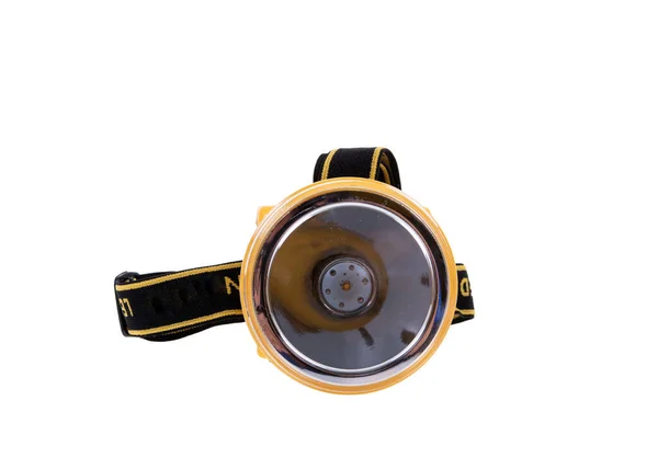 Taschenlampenkopf Stirnlampe Isoliert Auf Weißem Hintergrund Die Kleine Taschenlampe Mit — Stockfoto