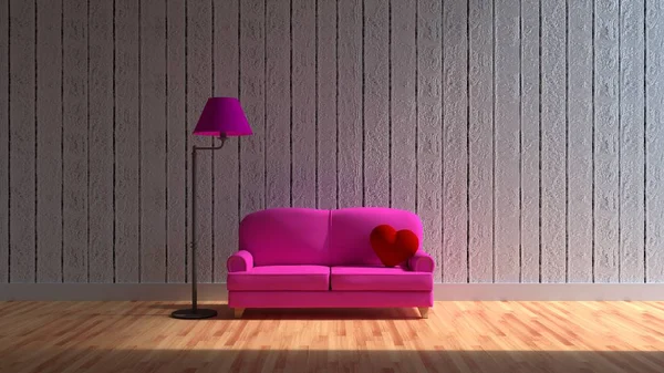3D tasarım iç oda dahil bir kanepe ve bir kalp şeklinde yastık ve lamba