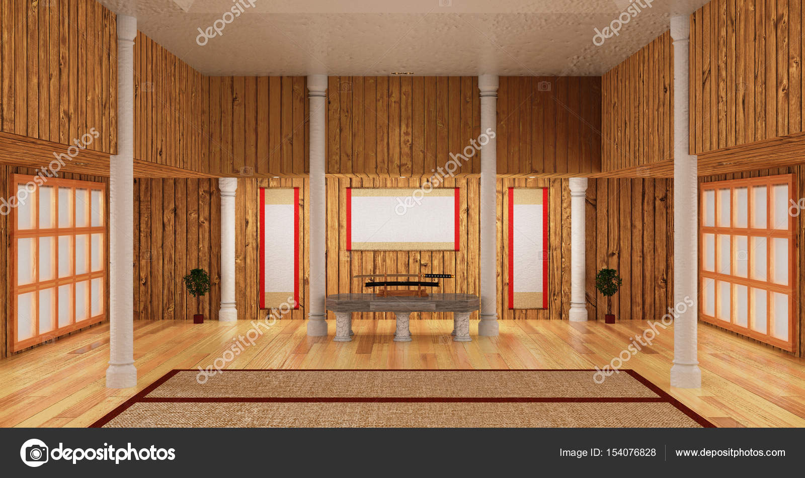 3D-Innenraum im Samurai-Stil mit japanischem Katana-Schwert