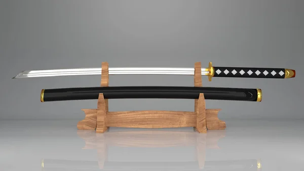 kılıcın üzerindeki Japon halkı bir kılıf ile 3D samuray kılıcı görüntülemek ahşaptan yapılmış raf.