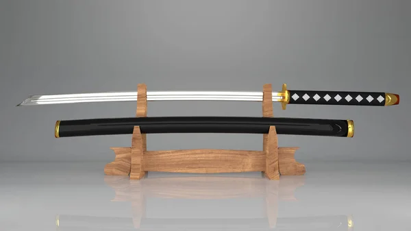 3D меч самурая з піхвами японців на меч дисплей стійку, зроблені з дерева. — стокове фото