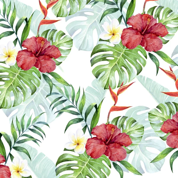 Motif tropical avec fleurs d'hibiscus et feuilles de palmier Photo De Stock