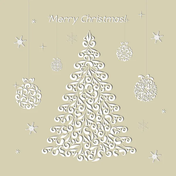 Tarjeta de Navidad con figuras blancas de rizos. Plantilla decorativa para tarjetas de felicitación, invitaciones, elementos decorativos interiores. Árbol, bola, copo de nieve. Ilustración vectorial . — Vector de stock