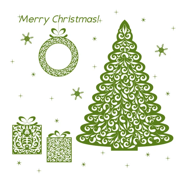 Tarjeta de papel verde calado de Navidad. Diseño de plantilla con árbol, corona, copo de nieve, regalo. Plantilla de decoración láser para tarjetas de felicitación, invitaciones, elementos decorativos interiores. Ilustración vectorial . — Vector de stock