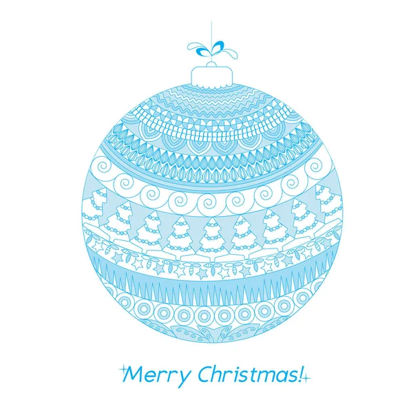 Tarjeta de felicitación color Navidad con bola dibujada a mano con elementos decorativos garabatos: espina de arenque, espiral, estrellas. Patrón azul de felicitación de vacaciones o tarjetas de invitación, impresión, papel de regalo. Ilustración vectorial . — Vector de stock