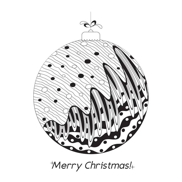 Saludo tarjeta de Navidad con bola dibujada a mano con elementos decorativos garabatos. Patrón blanco y negro de felicitación de vacaciones o tarjetas de invitación, imprimir, papel de regalo, libro para colorear. Ilustración vectorial . — Vector de stock