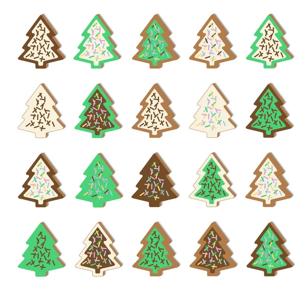 Christmas and New Year cookies and gingerbread with colored and chocolate sprinkles. Sweet Christmas trees in the chocolate, sugar and green glaze. Tasty treat children and a festive meal. Vector illustration with shadow on a white background. — Stock Vector