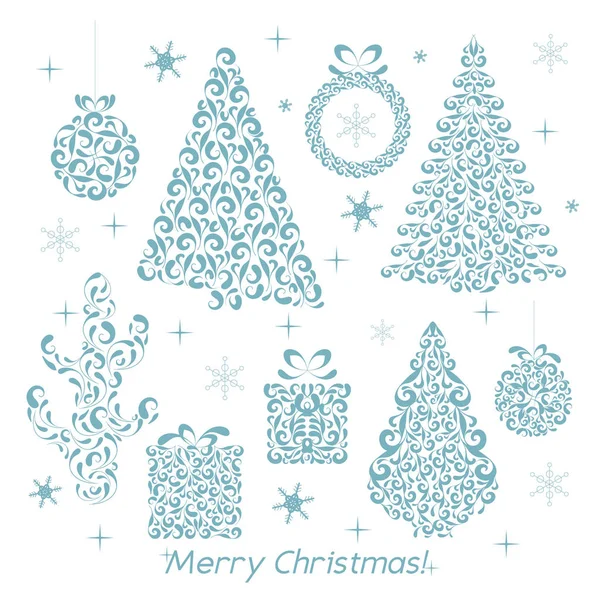 Набір різдвяних фігур завитків. Шаблон прикраси для вітальних листівок, запрошень, декоративних елементів інтер'єру. Дерево, кактус, вінок, м'яч, подарунок, сніжинка. Векторні ілюстрації . — стоковий вектор