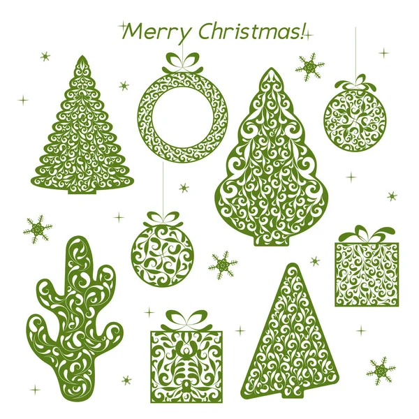 Набір різдвяних ажурних зелених паперових фігур. Дизайн трафаретів. Шаблон лазерної прикраси для вітальних листівок, запрошень. Дерево, кактус, вінок, м'яч, подарунок, сніжинка. Векторні ілюстрації . — стоковий вектор