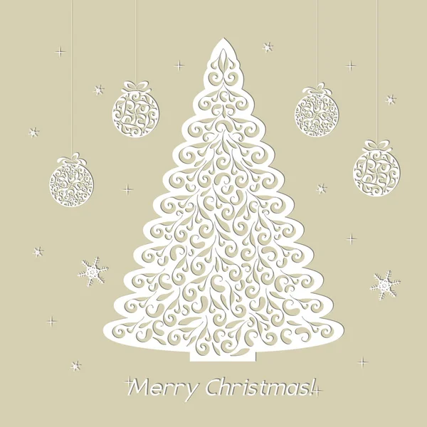 Tarjeta de papel blanco calado de Navidad. Diseño de plantilla con árbol, bolas, copo de nieve. Plantilla de decoración láser para tarjetas de felicitación, invitaciones, elementos decorativos interiores. Ilustración vectorial . — Vector de stock