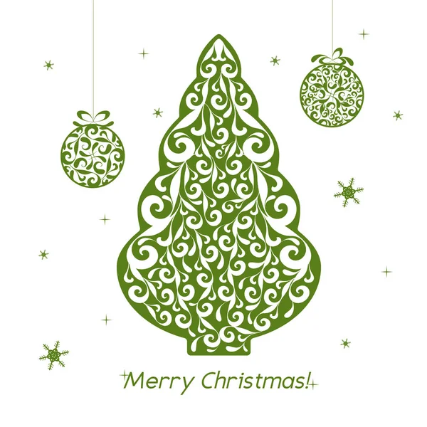 Christmas openwork green paper card. Stencil design with tree, balls, snowflake. Laser decoration template for greeting cards, invitations, interior decorative elements. Vector illustration. — Stock Vector
