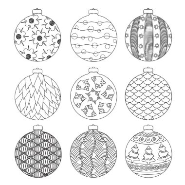 El kümesi öğeleri doodle ile boyama Noel topları çizin. Siyah ve beyaz kitap und sayfa boyama. Vektör çizim.