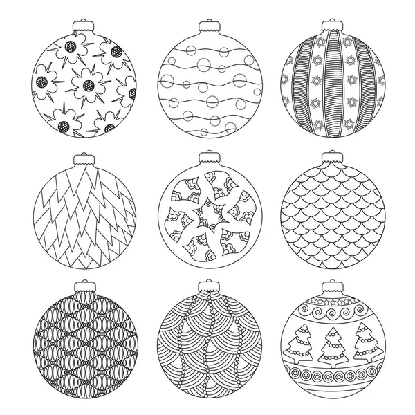 Conjunto de Mão desenhar bolas de Natal para colorir com elementos doodle. Preto e branco Colorir livro und página. Ilustração vetorial . —  Vetores de Stock