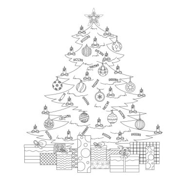Coloring page with Christmas tree, star, balls, candy, candles and gifts. Coloring book. Vector illustration. clipart